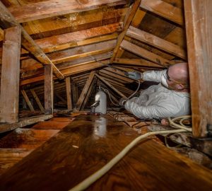 uomo a lavoro in un solaio di legno